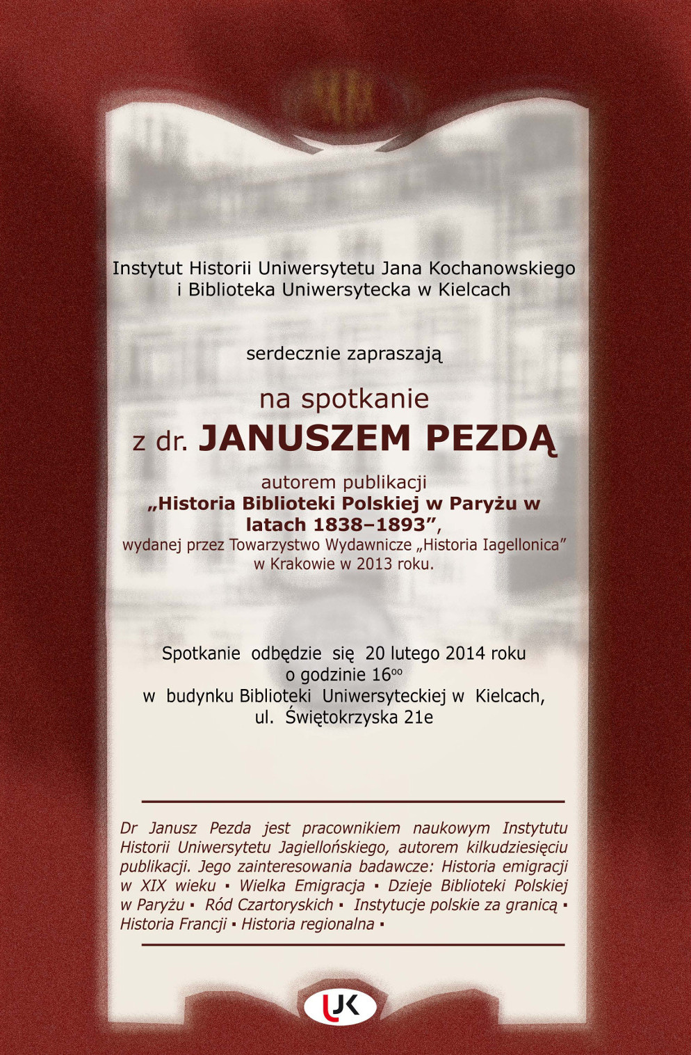 Plakat promujący Spotkanie z dr. Januszem Pezdą
